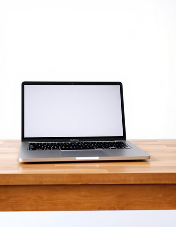 Laptop with blank screen on wooden table isolated on white background.の写真素材
