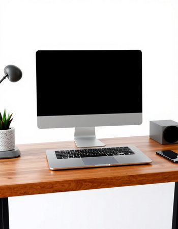 Modern workspace with blank screen computer monitor, keyboard, mouse and other accessories on wooden...