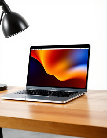 Laptop on a wooden table with a white wall and a black lamp
