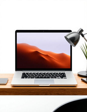 Modern workspace with blank screen laptop computer on wood table and white wall background