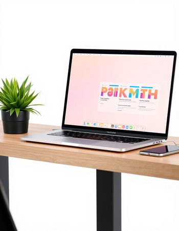 Laptop on wood desk with website on the screen.