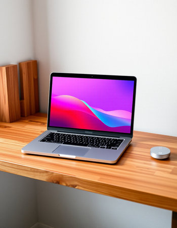 Laptop with colorful screen on a wooden shelf in the living room