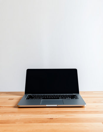 Laptop on wooden table and white wall in background, stock photo