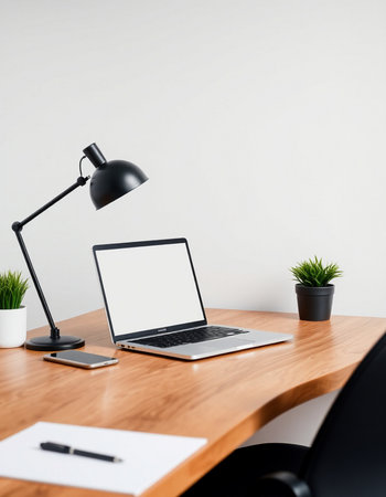 workplace with laptop, lamp and plant on wooden table in office