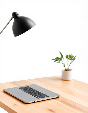 Laptop on a wooden desk with a plant in a pot on a white background