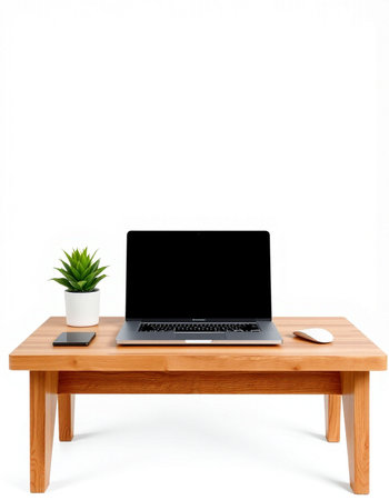 Laptop computer with blank screen on wooden table isolated on white background