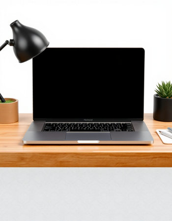 Laptop with blank screen on wooden desk. 3d rendering.の写真素材