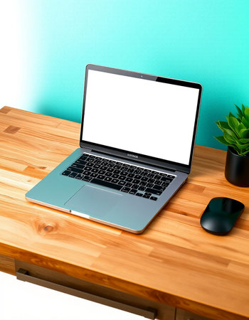 Laptop computer with blank screen on wooden table and blue wall backgroundの写真素材