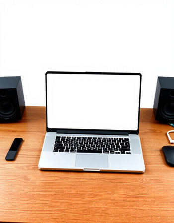 Laptop computer with blank screen on wood table. Isolated on white background