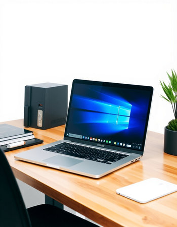 Laptop on table in office. 3D render