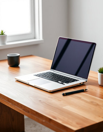 Laptop with blank screen on wooden table in office, mockup