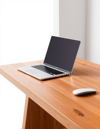 Laptop computer on wood table and white wall background, stock photo