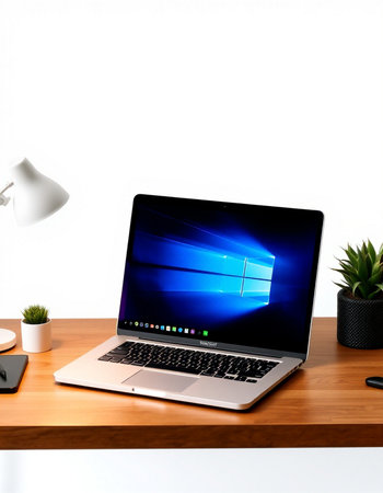 Laptop on wood table and white wall background, work space concept