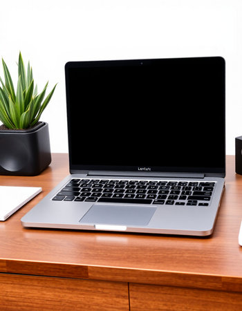 Laptop with blank screen on wooden desk in office. Workplace concept