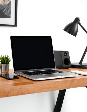 Modern workplace with laptop, lamp and decorations on table. Mock upの写真素材