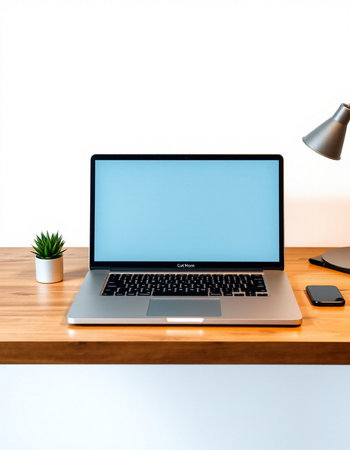 Laptop with blank screen on wooden table and white wall background.の写真素材