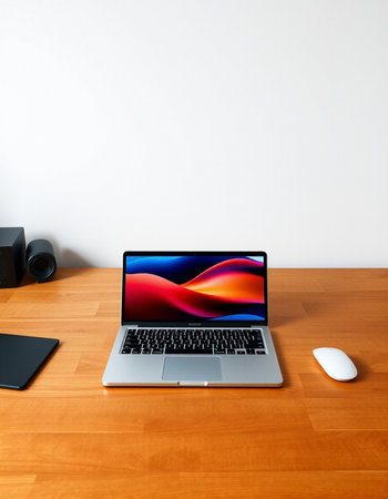 Laptop on wood table with white wall background. 3d rendering.