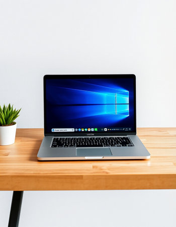 Laptop on wood table and white wall background with copy space.