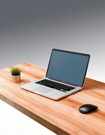 Laptop on a wooden desk with a computer mouse. 3d renderingの写真素材