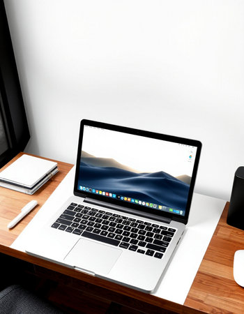 Laptop on wood table and white wall background. 3d rendering.