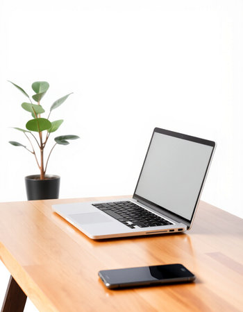 Laptop and smartphone on a wooden desk with a white wall backgroundの写真素材