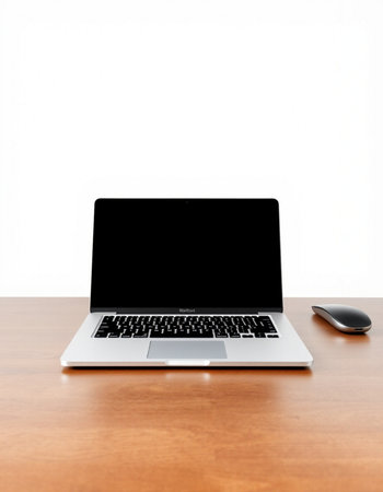 Laptop computer on wooden table with white wall background, stock photo