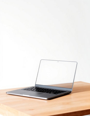 Laptop with blank screen on wood table and white wall background.の写真素材