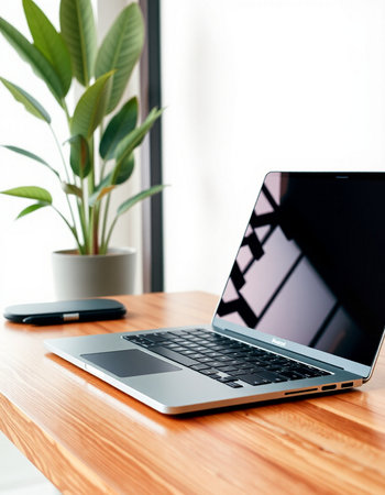 Laptop on a wooden table with a green plant in the backgroundの写真素材