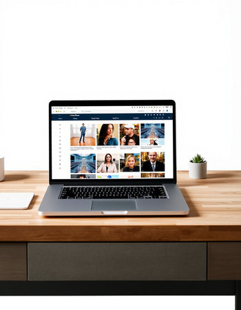 business, people and technology concept - close up of laptop computer with video conference on screen over white backgroundの写真素材