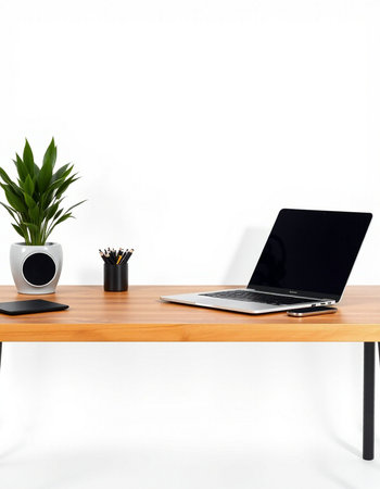 Wooden desk with laptop computer, stationery and plant on white background