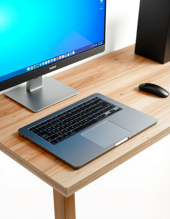 Modern desktop with computer, laptop and mouse on wooden table. 3d render