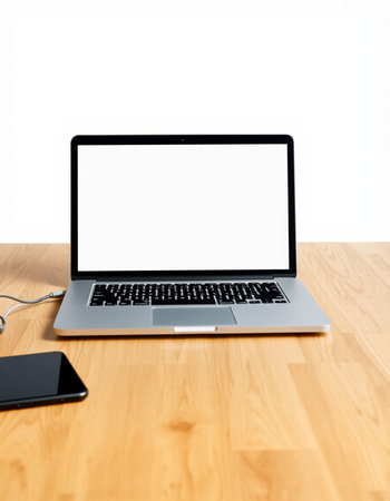 Laptop computer with blank screen on wooden table isolated on white background