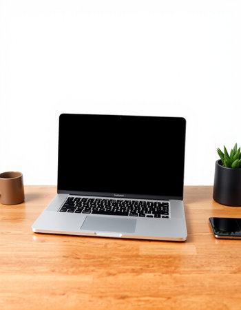 Laptop with blank screen on wooden desk with smartphone and plant.