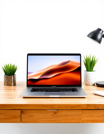 Laptop on wood table and white wall background.