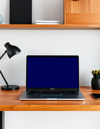 Laptop with blank screen on wooden table in office. 3d renderの写真素材