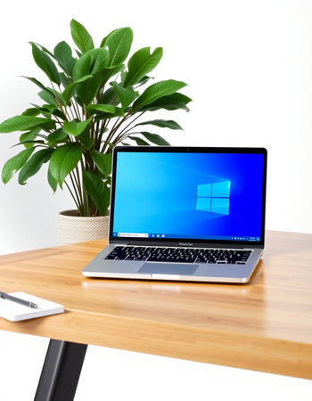 Laptop on wood table with white wall and plant in the backgroundの写真素材