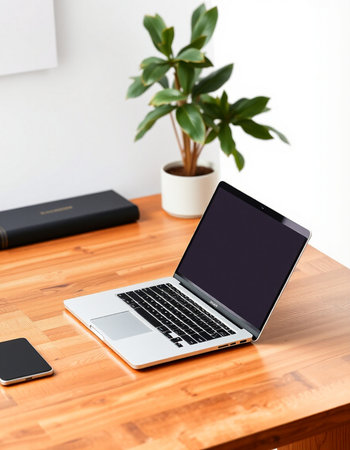 laptop with blank screen on wooden desk in modern office, mockup