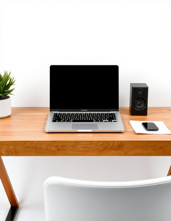 Laptop on wooden desk with white chair and speaker. 3d render