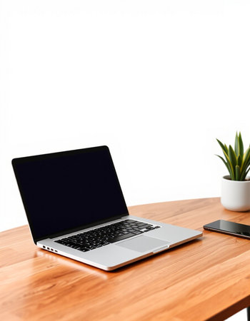 Laptop with blank screen on wooden table in front of white wallの写真素材