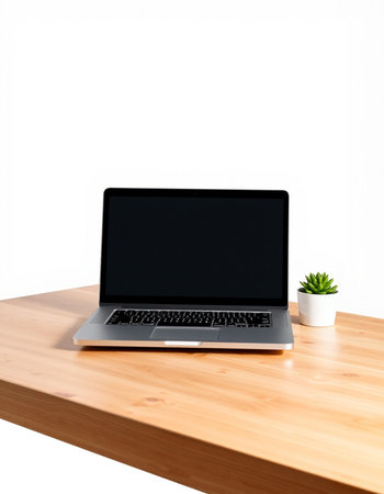 Laptop with blank screen on wooden table and white wall background.の写真素材