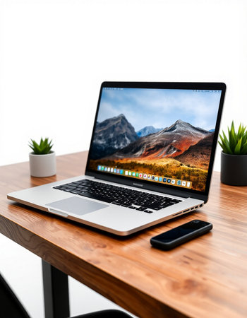 Laptop on wood table with mountain background. 3d rendering.