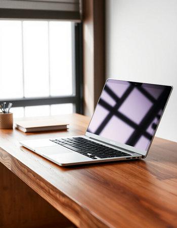 Laptop on a wooden table in front of a window with curtains