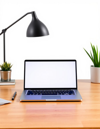 Laptop with blank screen on wooden table with lamp and plant.
