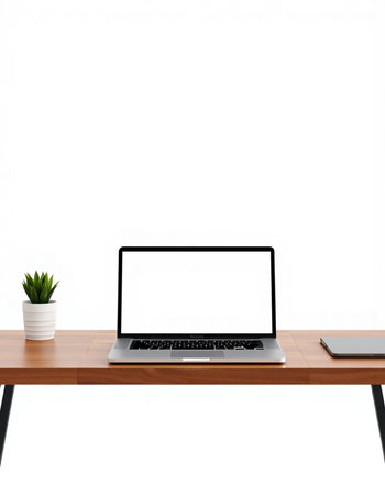 Modern workspace with blank screen laptop computer on wooden table. 3d render