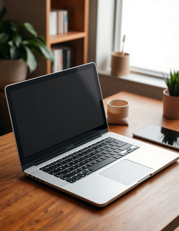 laptop with blank screen and coffee cup on wooden table in office