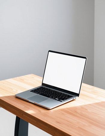 Laptop with blank screen on wooden table and gray wall background.の写真素材