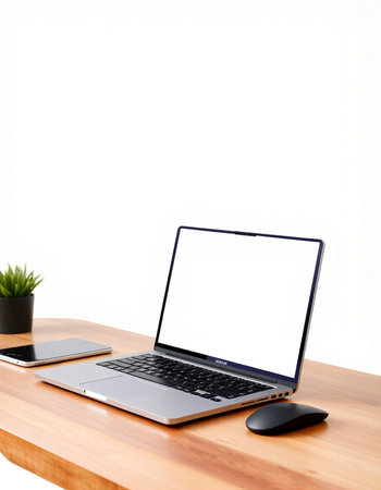 Laptop with blank screen on wooden table and white wall background.