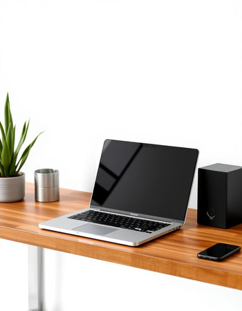 Laptop on wooden desk with black screen, isolated on white background