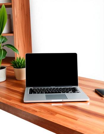 Laptop with blank screen on wooden table in office. 3d render