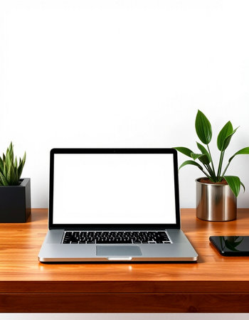 Laptop with blank screen on wooden table with plant and smartphone.